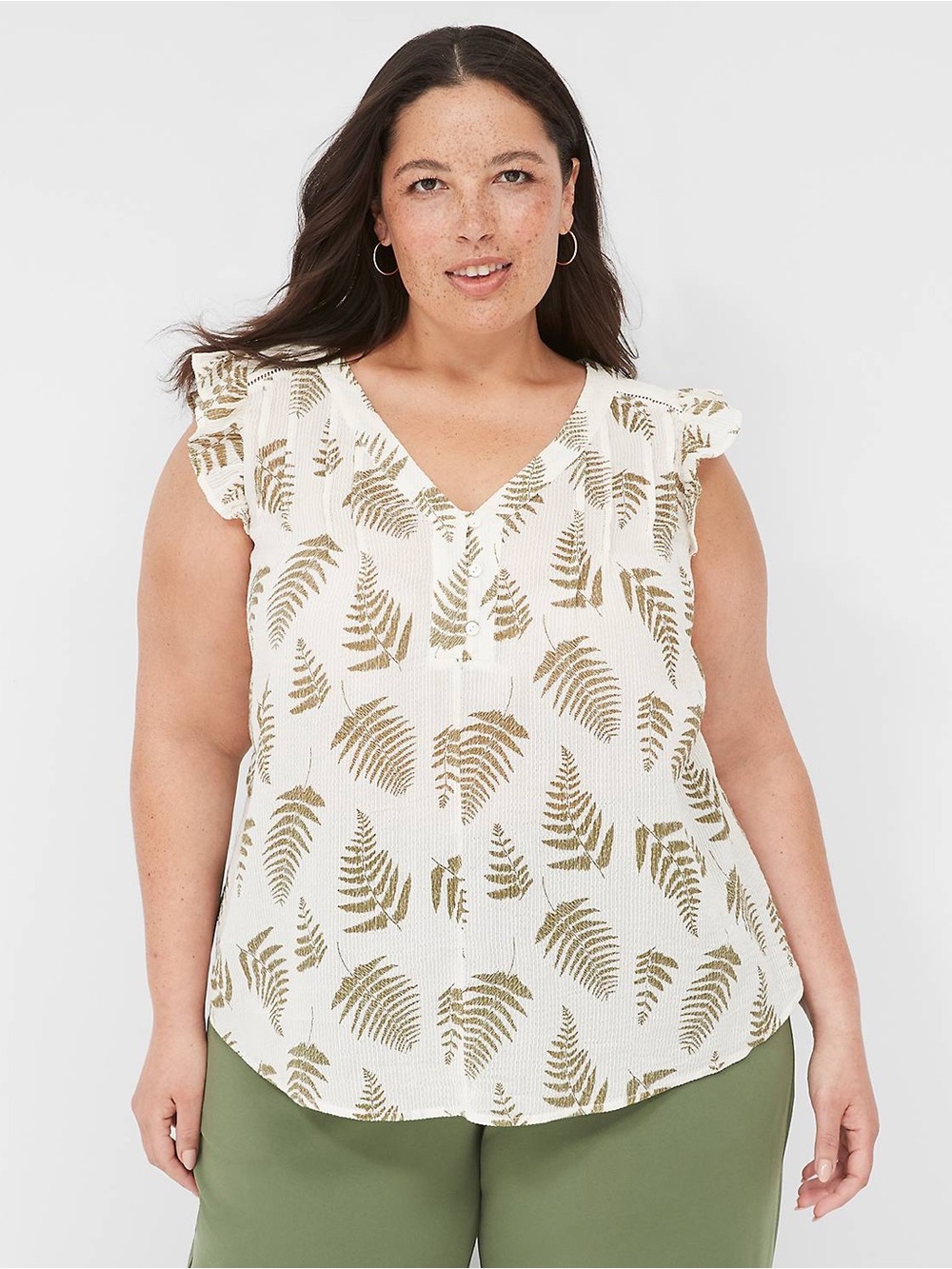 Lane Bryant Cap-Sleeve Woven & Knit Top, Olive Leaves, Size 18/20 plus size